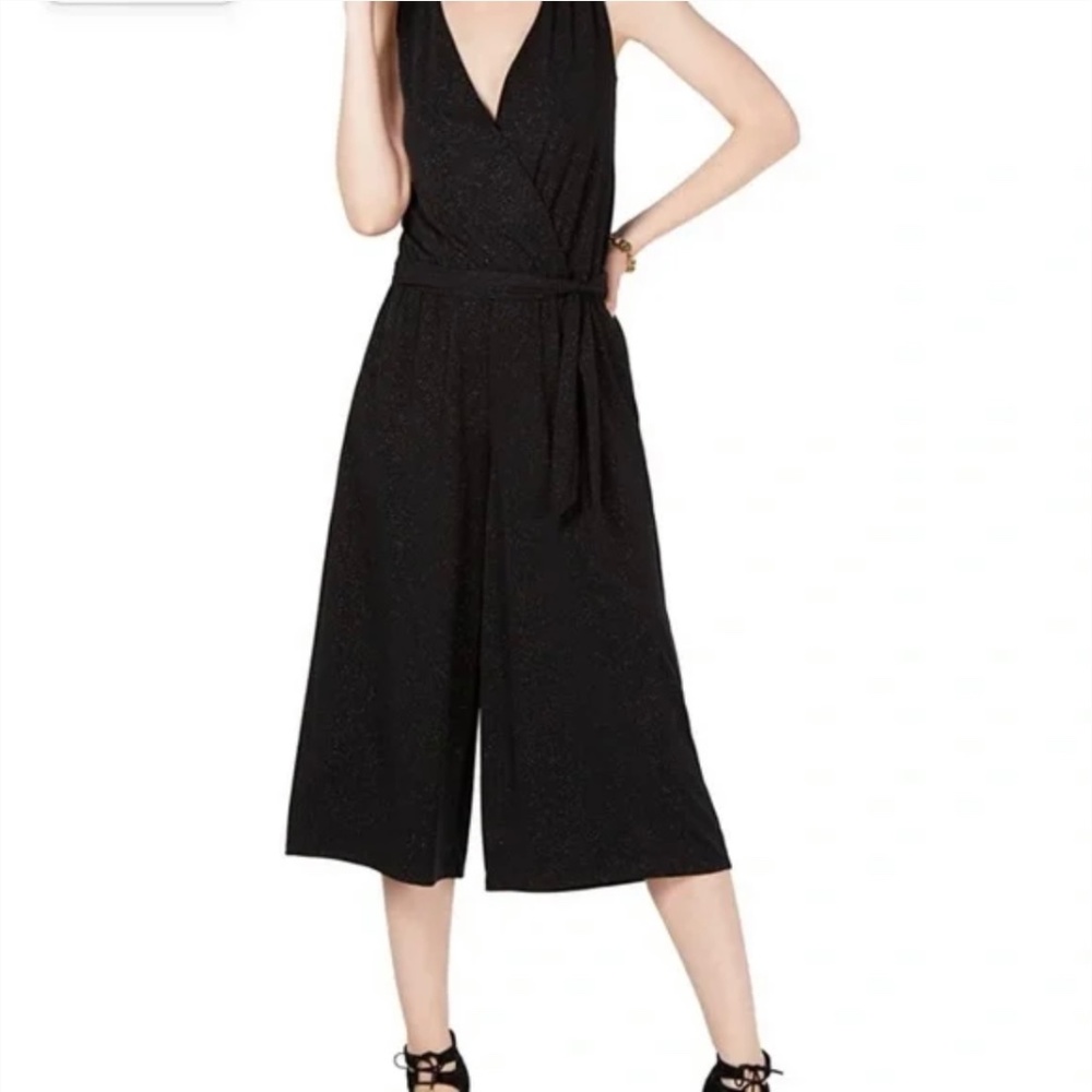 Faux Wrap V-Neck Glitter Jumpsuit